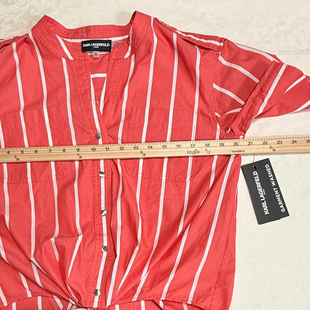 Karl Lagerfeld Paris Striped Tie Front Shirt Womens XS Coral Pink Nautical - Picture 6 of 9